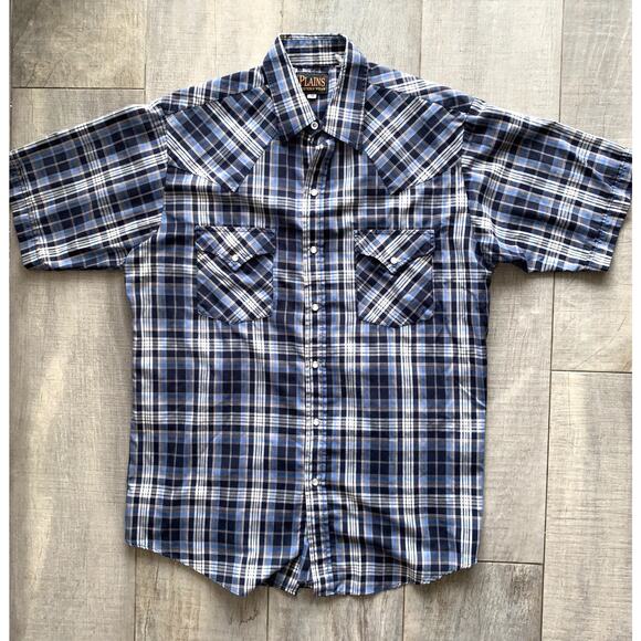 Plains Western Wear Mens Shirt Medium Black Blue Plaid Pearl Snap Cowboy Rancher - Picture 3 of 4